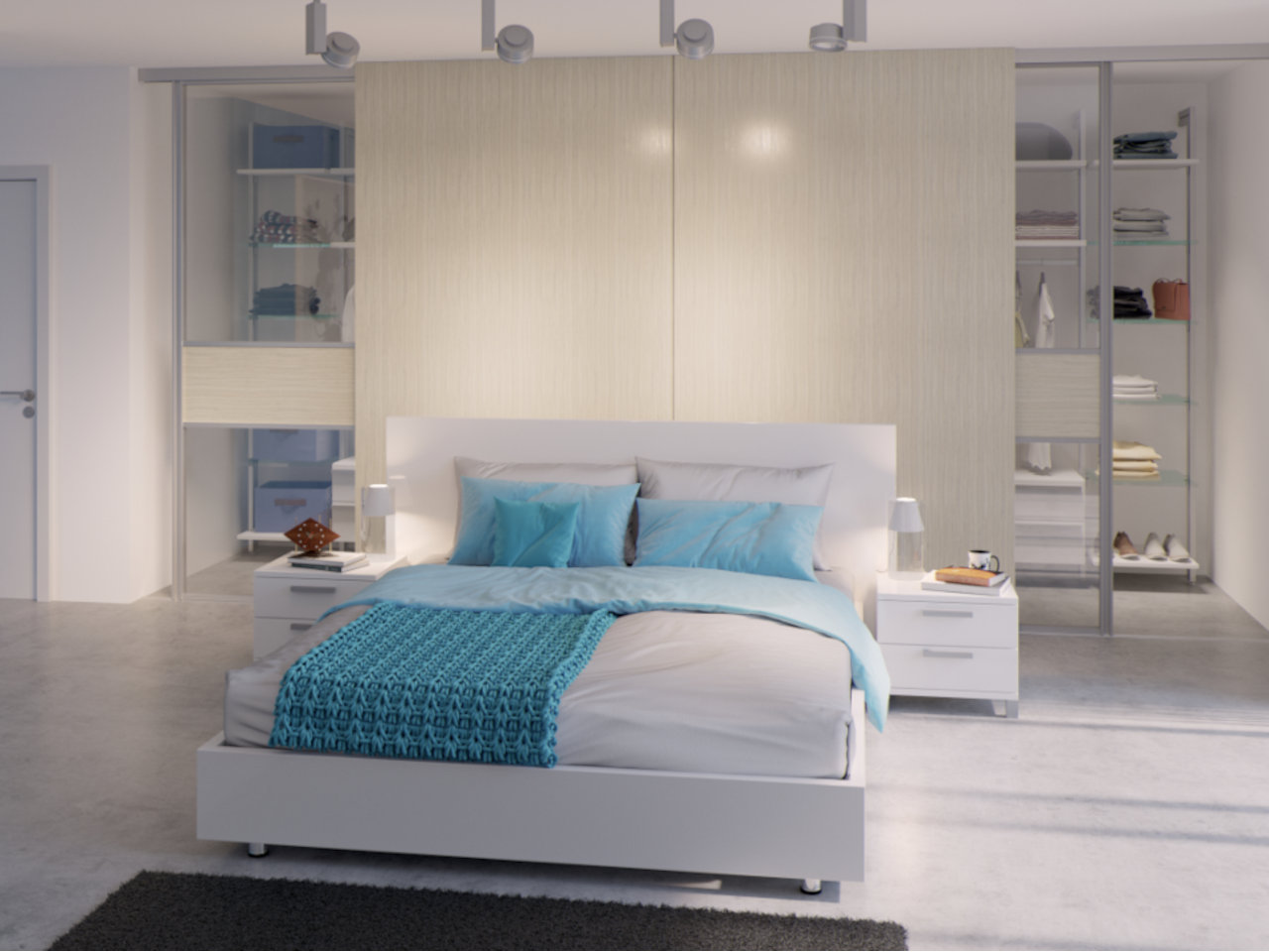 Luftiges Schranksystem ohne Türen im Schlafzimmer mit vielen Schubladen, Regalböden und Kleiderstangen - vom Raum separiert mit Trennwand und Schiebetüren