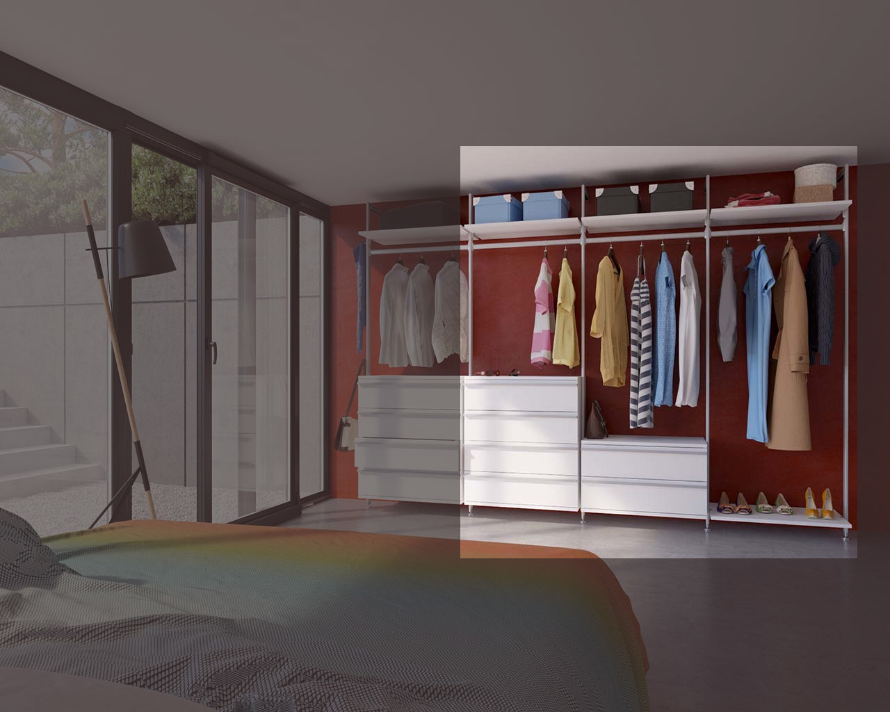 Offener Kleiderschrank STAR Breite 335 cm | 6 Schubladen, Glasböden (ohne LED)