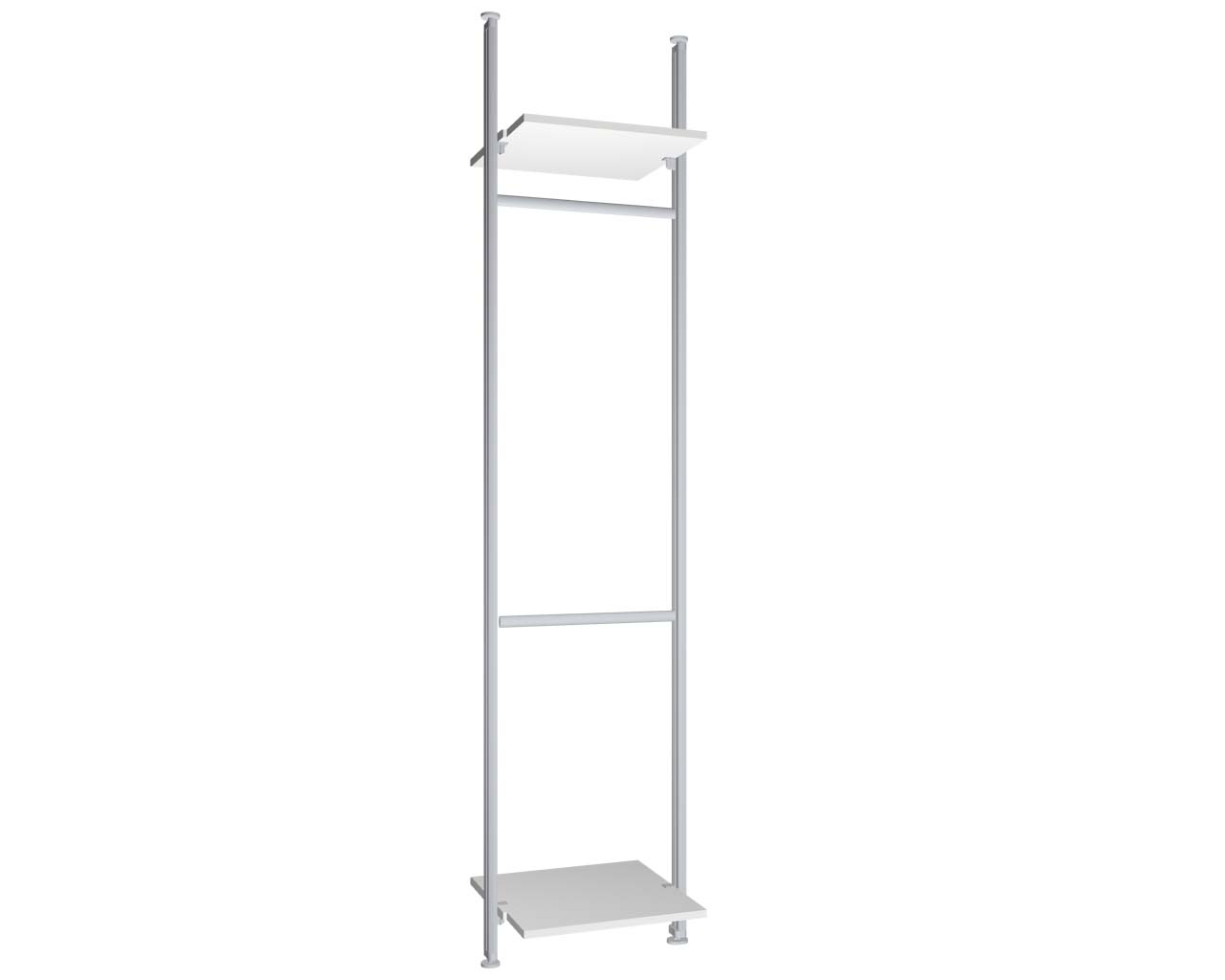 Regalsystem Modul 2 mit 2 Alu-Profilen, 2 Böden und 2 Kleiderstangen zur Montage zwischen Boden und Decke | BxHxT: 57,5 x 295 x 50 cm