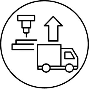 Icon mit Produktionsmaschine und Lieferfahrzeug – Symbol für Fertigung und anschließenden Versand