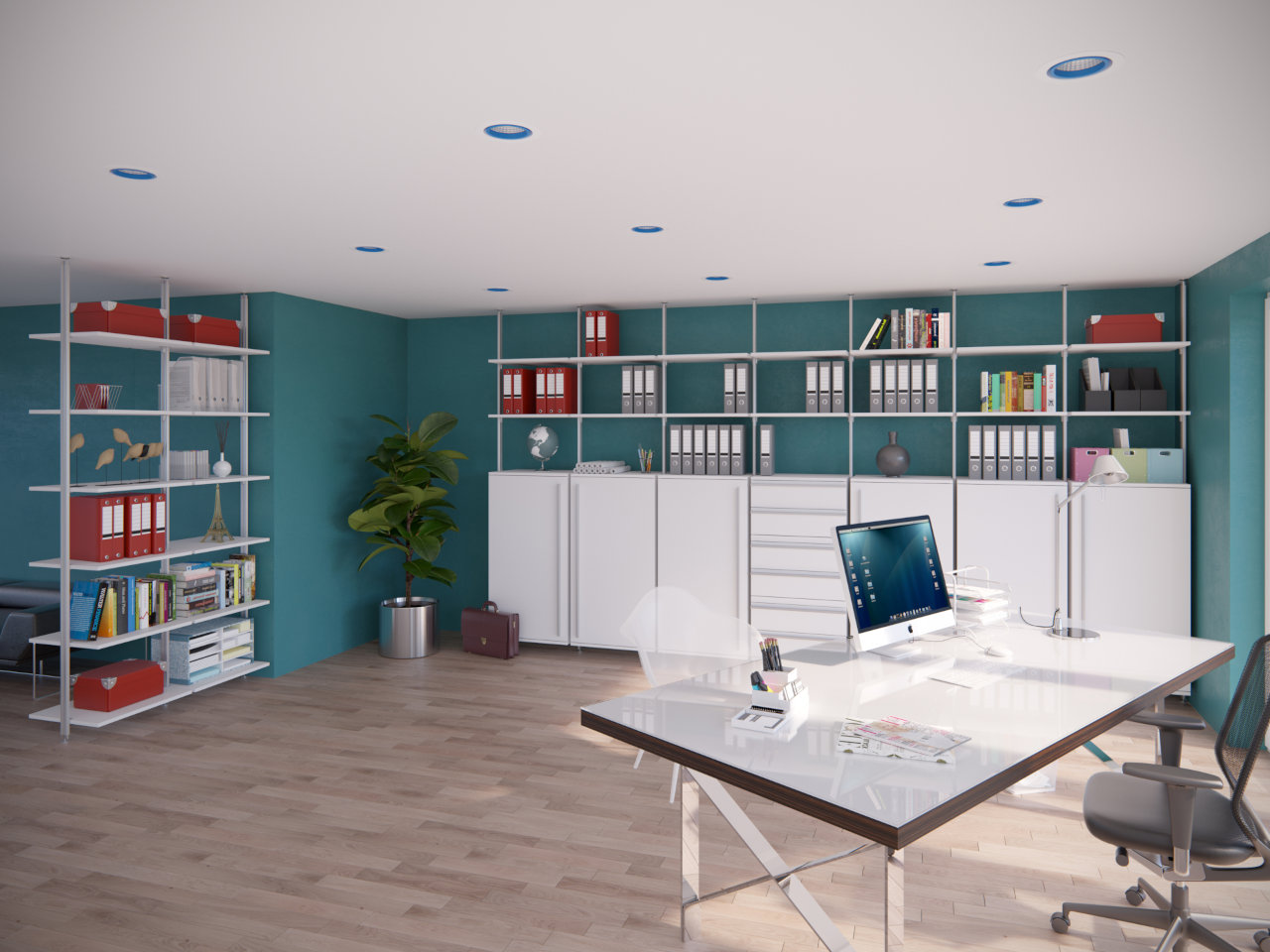 Modernes Büroregal in unterschiedlichen Breiten, anpassbar an Ihr Büro & Home Office mit vielen Regalen kombiniert mit hohen Schränken mit Türen für Akten sowie Schubladen für und Technik - für stilvolles, produktives Arbeiten