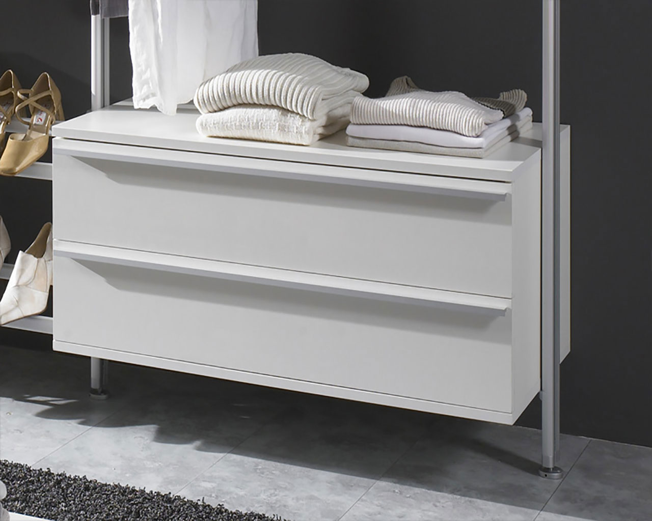 Schrankelement mit 2 Schubladen Soft für FRANK Schranksysteme – Stauraumlösung Schrankelement mit zwei Schubladen Soft als Stauraumkomponente für FRANK Schranksysteme