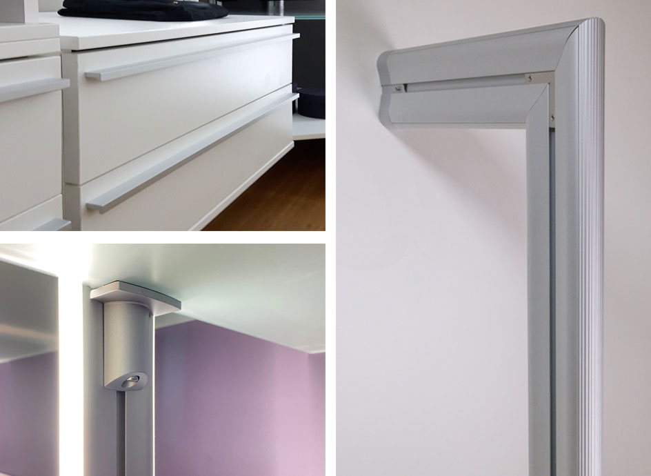 Details Design Produktlinie SOFT von FRANK Schranksysteme Offenes Schranksystem SOFT - Ausstattungsmerkmale wie leicht ovales Profildesign, Glasboden mit Halter und Schubladenelement mit matter Oberfläche