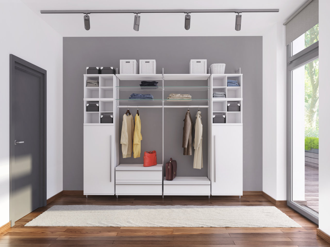 Garderobenschrank im Flur mit Kleiderhaken und viel Ablagefläche für aufgeräumte Eingangsbereiche - auch für schmale Räume geeignet