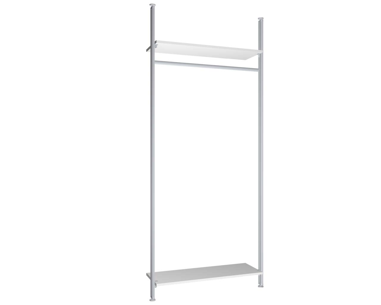 Regalsystem Modul 1 mit 2 Alu-Profilen, 2 Böden und 1 Kleiderstange zur Montage zwischen Boden und Decke | BxHxT: 107,5 x 295 x 36 cm