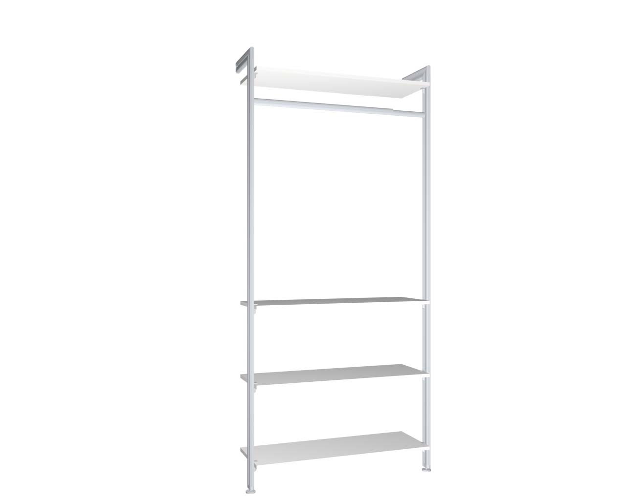 Regalsystem Modul 3 mit 2 Alu-Profilen, 4 Böden und 1 Kleiderstange zur Montage an der Wand | BxHxT: 107,5 x 229 x 36 cm