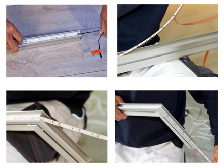 Schritt-für-Schritt-Anleitung der Montage der LED-Streifen in das 3-teilige Trägerprofil