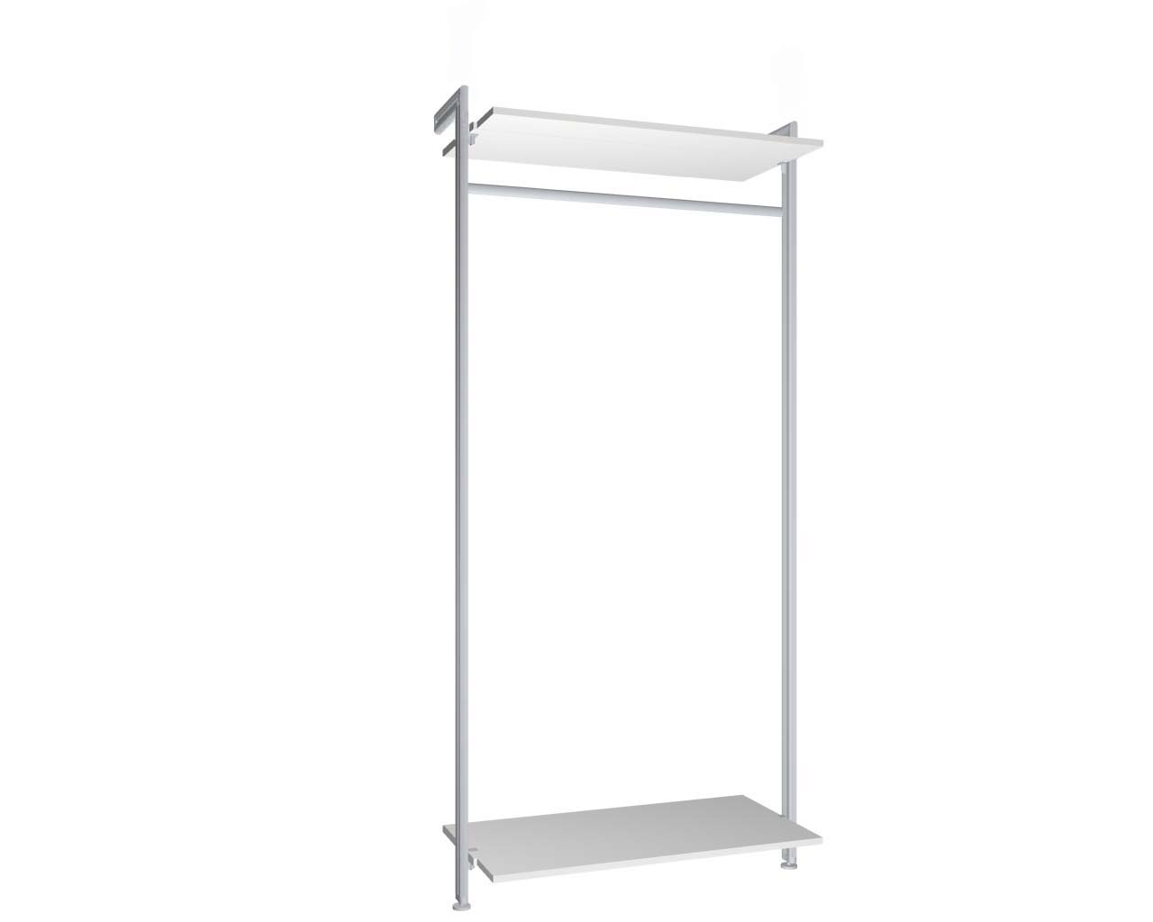 Regalsystem für kleine Räume zur Boden-Wand-Montage mit 2 Böden und Kleiderstange für platzsparende Stauraumlösungen und optimale Raumnutzung