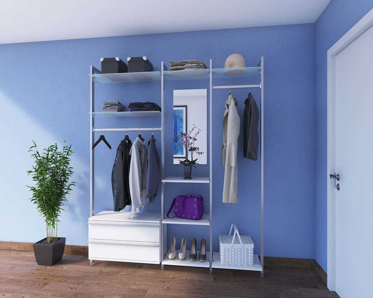 Offene Garderobe "Wien" - weiß mit zwei großen Schubladen, Kleiderstangen und vielen Ablageböden ideal für schmale Eingangsbereiche mit moderner Optik