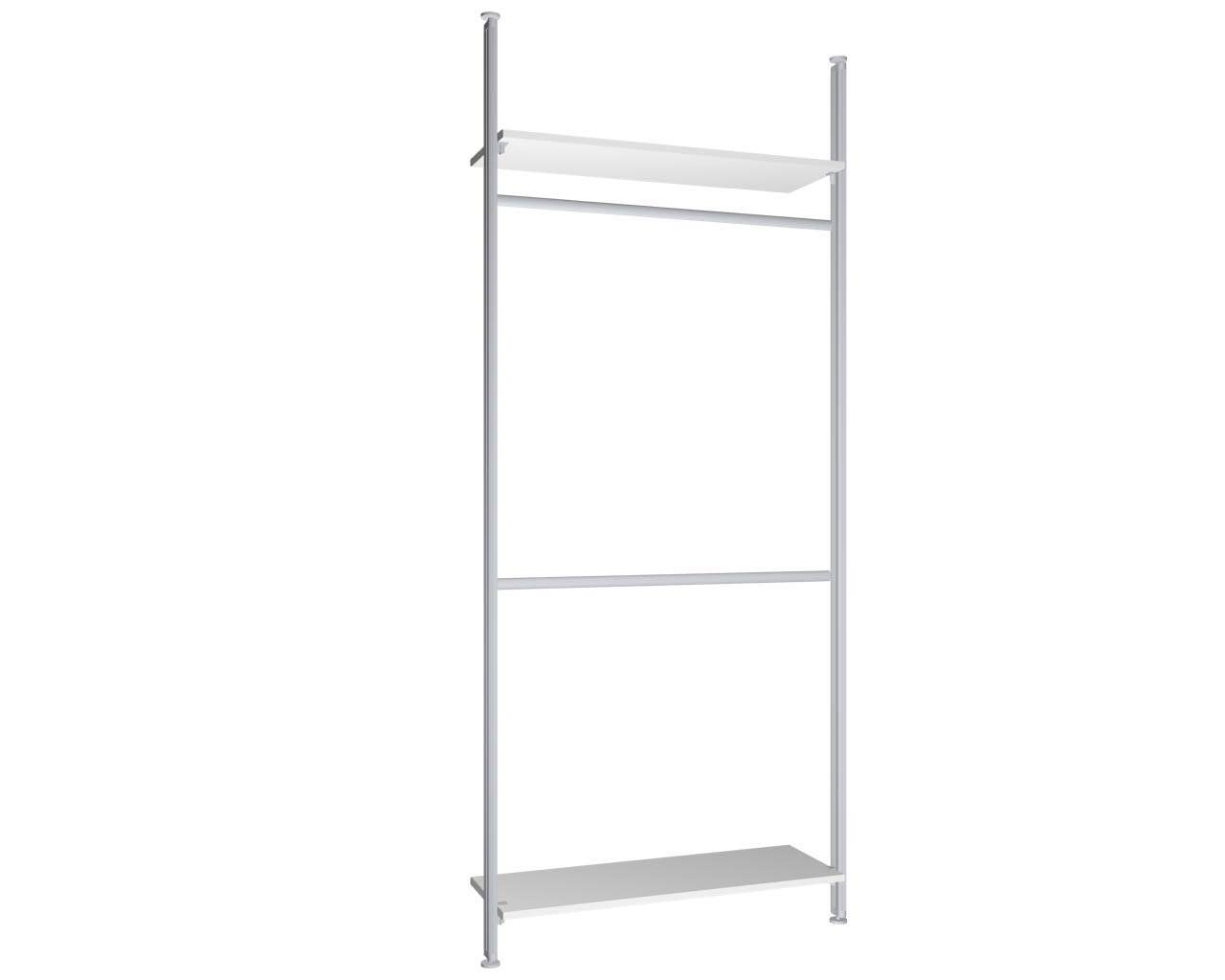 Regalsystem Modul 2 mit 2 Alu-Profilen, 2 Böden und 2 Kleiderstangen zur Montage zwischen Boden und Decke | BxHxT: 107,5 x 295 x 50 cm