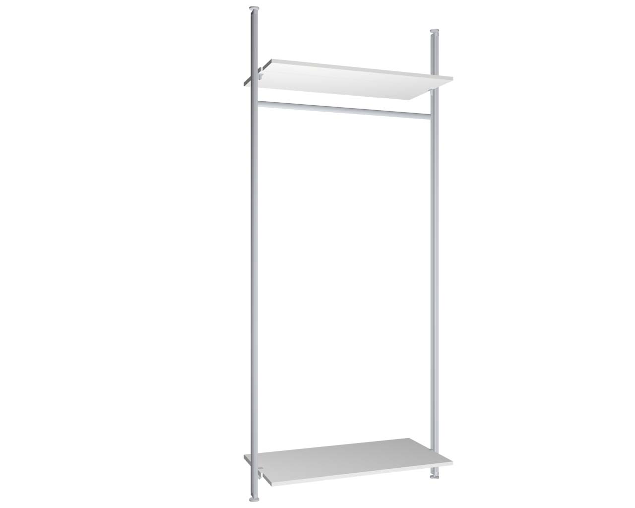 Regalsystem Modul 1 mit 2 Alu-Profilen, 2 Böden und 1 Kleiderstange zur Montage zwischen Boden und Decke | BxHxT: 107,5 x 295 x 50 cm
