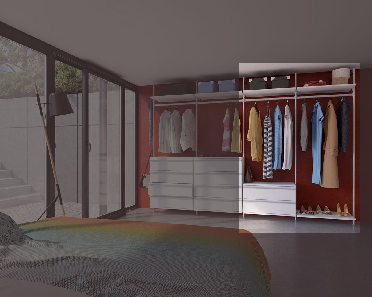 Offener Kleiderschrank STAR Breite 210 cm | 2 Schubladen, Glasböden (ohne LED)