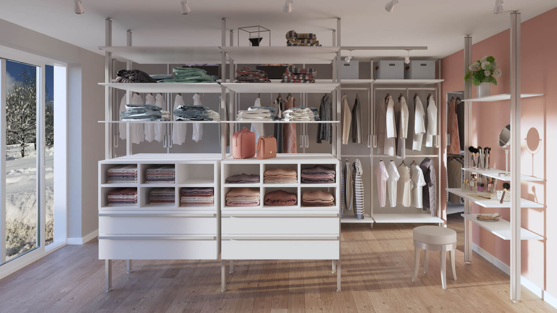 Begehbarer Kleiderschrank nach Maß mit offenen Regalen, Kleiderstangen und stilvoller Ordnung im Ankleidezimmer