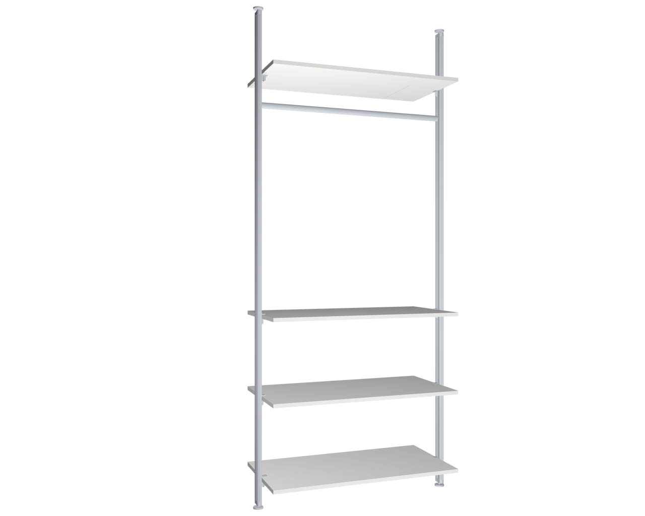 Offener Kleiderschrank als Regalsystem zur Boden-Decken-Montage mit 4 Böden und Kleiderstange für flexible Kleideraufbewahrung und übersichtlichen Stauraum