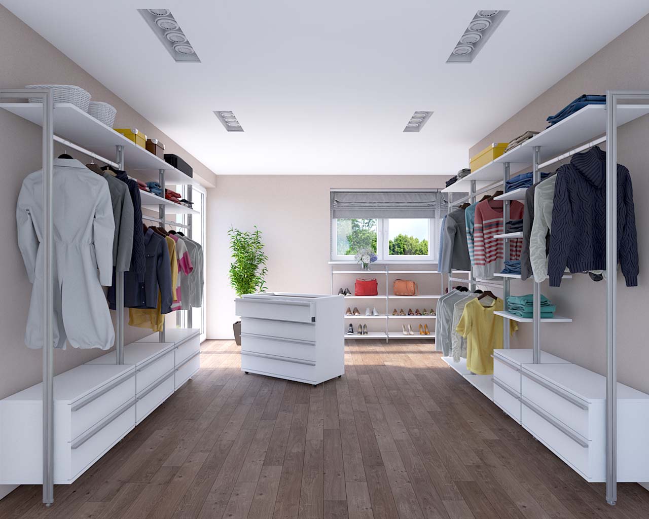 Moderner begehbarer Kleiderschrank BELGRAD von FRANK Schranksysteme mit offenen Regalen, Kleiderstangen und Schubladen in hellem Ankleidezimmer