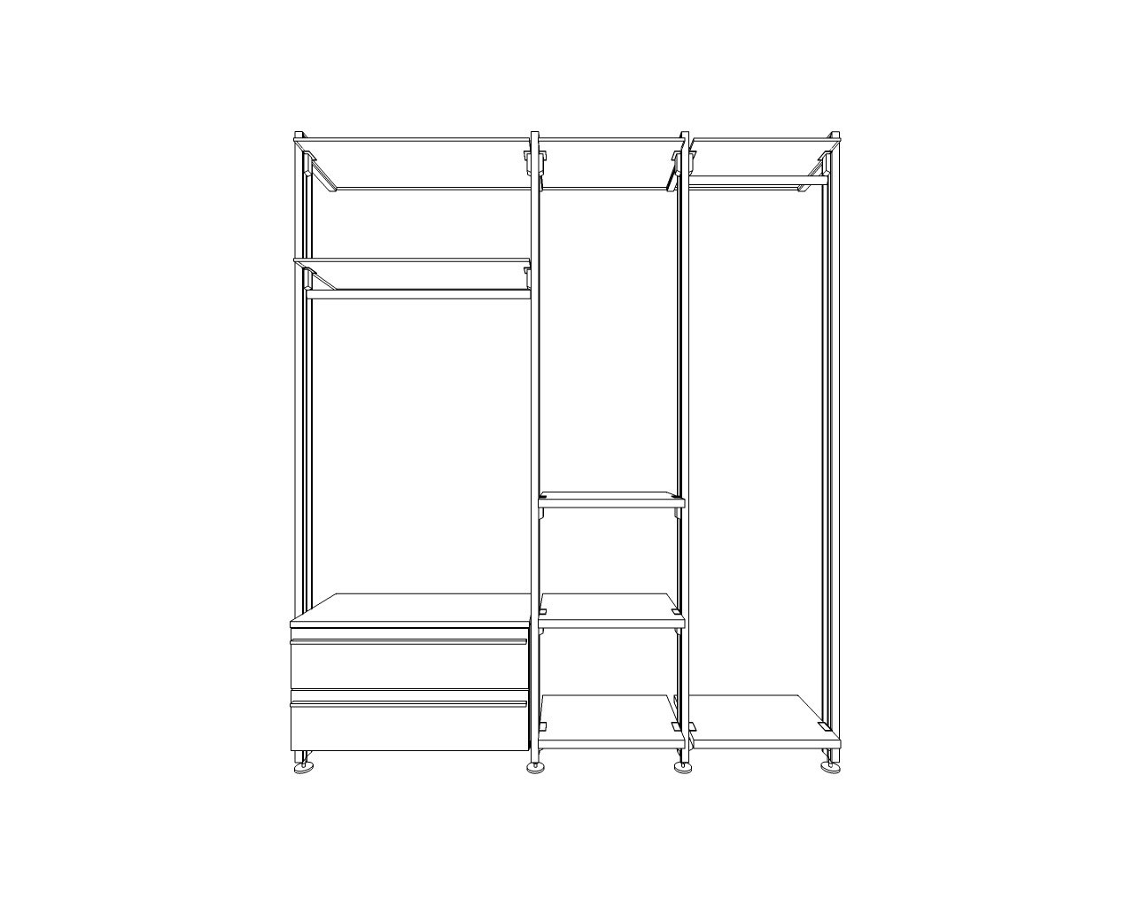 Konstruktionszeichnung Garderobe WIEN in 38 cm Tiefe, offenes Schranksystem für Flur & Diele mit 2 Schubladen
