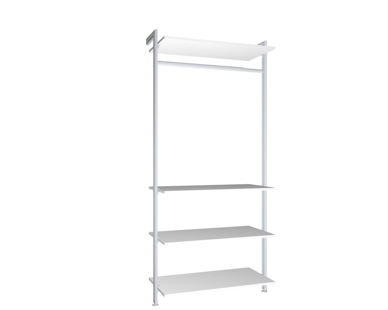 Regalsystem Modul 3 mit 2 Alu-Profilen, 4 Böden und 1 Kleiderstange zur Montage an der Wand | BxHxT: 107,5 x 229 x 50 cm