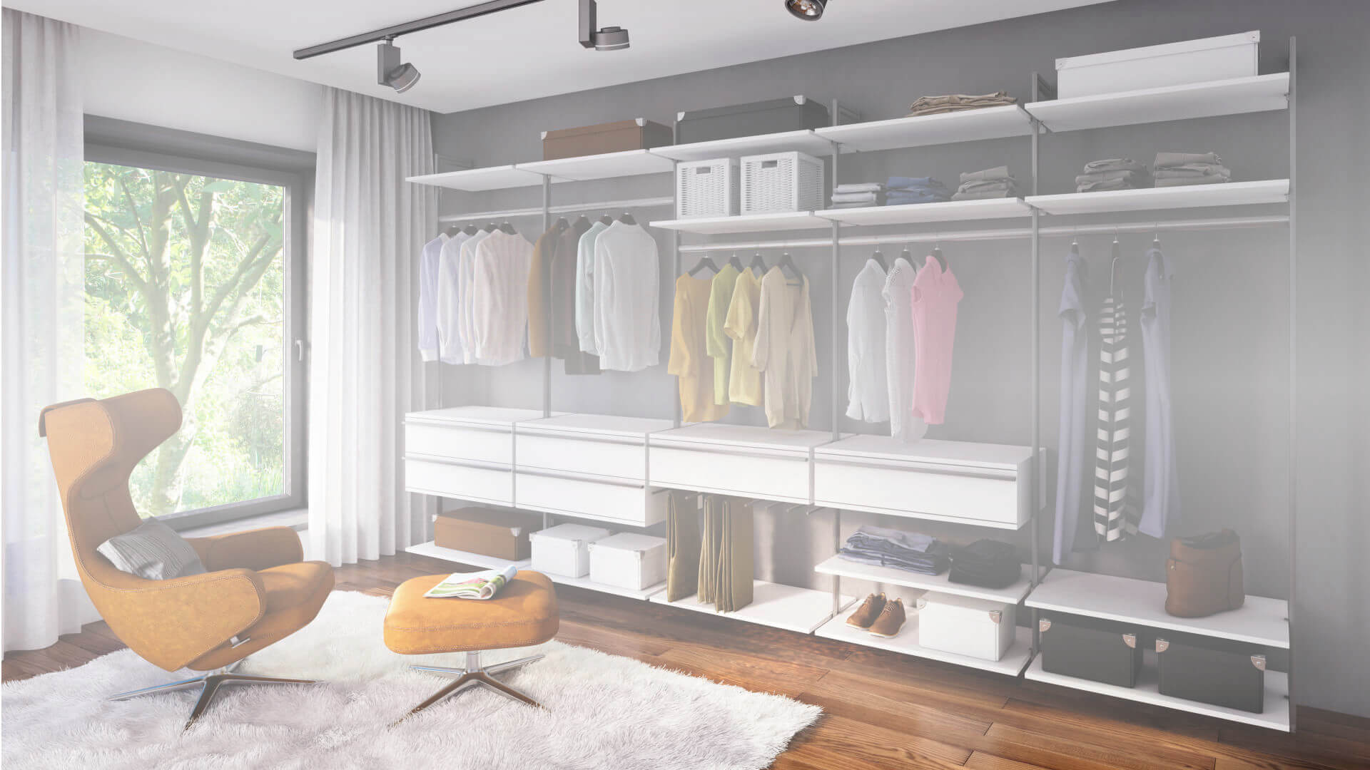 Juli Aktion bei FRANK Schranksysteme – modernes offenes Schranksystem mit stilvollem Design im Ankleidezimmer