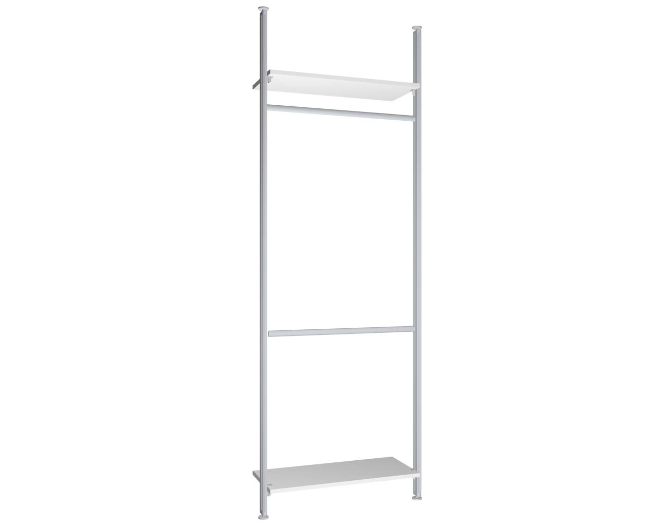 Regalsystem Modul 2 mit 2 Alu-Profilen, 2 Böden und 2 Kleiderstangen zur Montage zwischen Boden und Decke | BxHxT: 87,5 x 295 x 36 cm